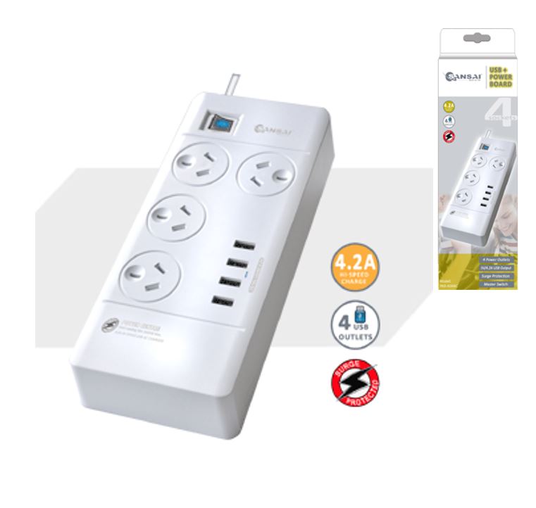 Sansai 4 Outlets & 4 USB Outlets Surge Protected Powerboard Master On/Off switch 1M lead & Right angle plug 230-240VAC IV Retail box Sansai 4 Outlets & 4 USB Outlets Surge Protected Powerboard Master On/Off switch 1M lead & Right angle plug 230-240VAC IV Retail box